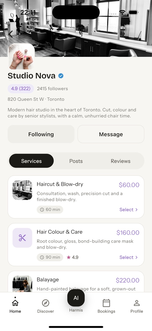 A business page listing services with durations and prices